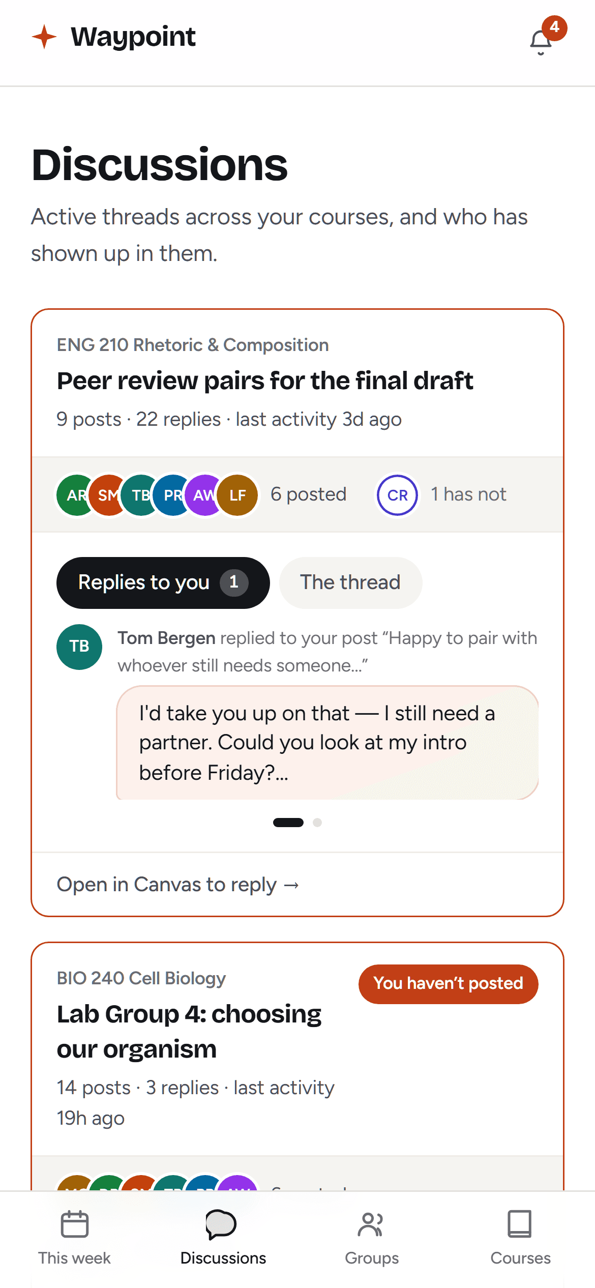 A discussion thread in Waypoint showing six classmates who have posted and two who have not.